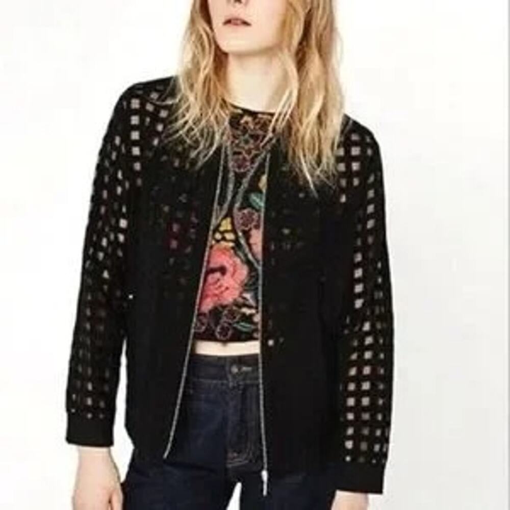Zara Black Window Pane Bomber Semi Sheer Jacket size M